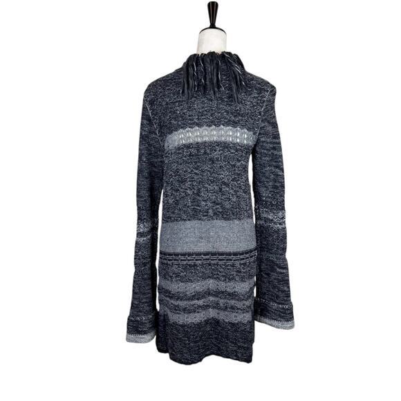 Free People Black & Gray Fringe Knit Wool Blend Open Long Cardigan Coatigan - Picture 4 of 12